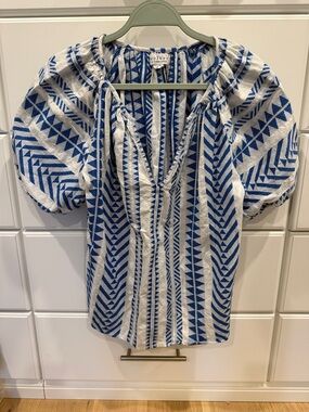 Velvet Blue and White Aztec Peasant Blouse